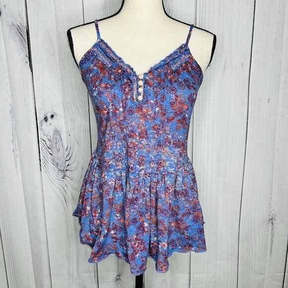 Free People Babydoll Peplum Tank Top Sz XS Blue Floral Bohemian Cottage - Picture 1 of 11
